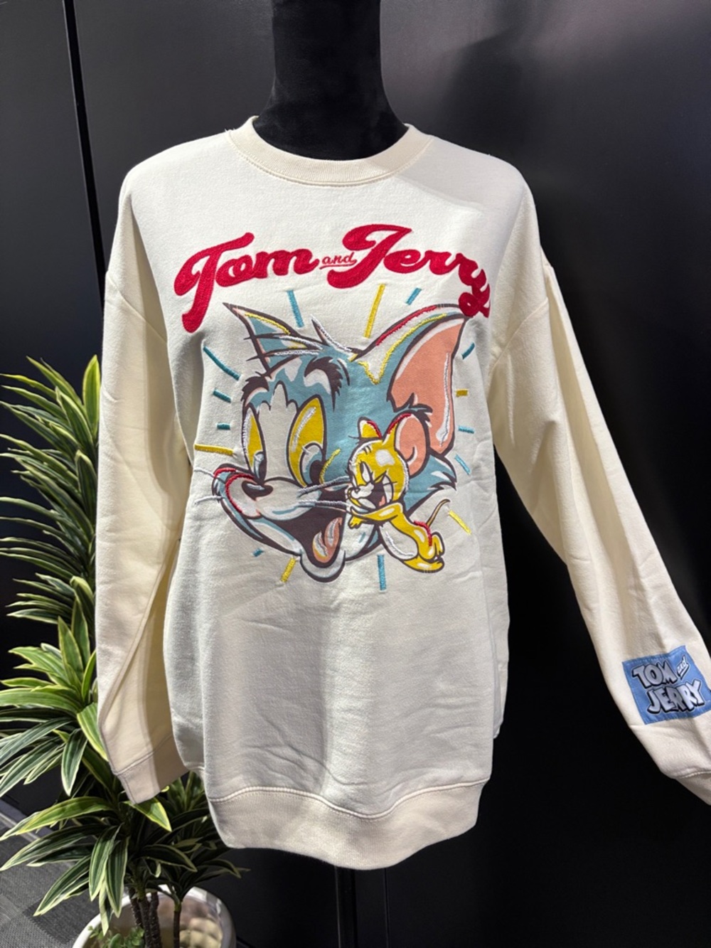 Tom And  Jerry embroidered pullover fleece lined sweatshirt, knit, cuffs & hem